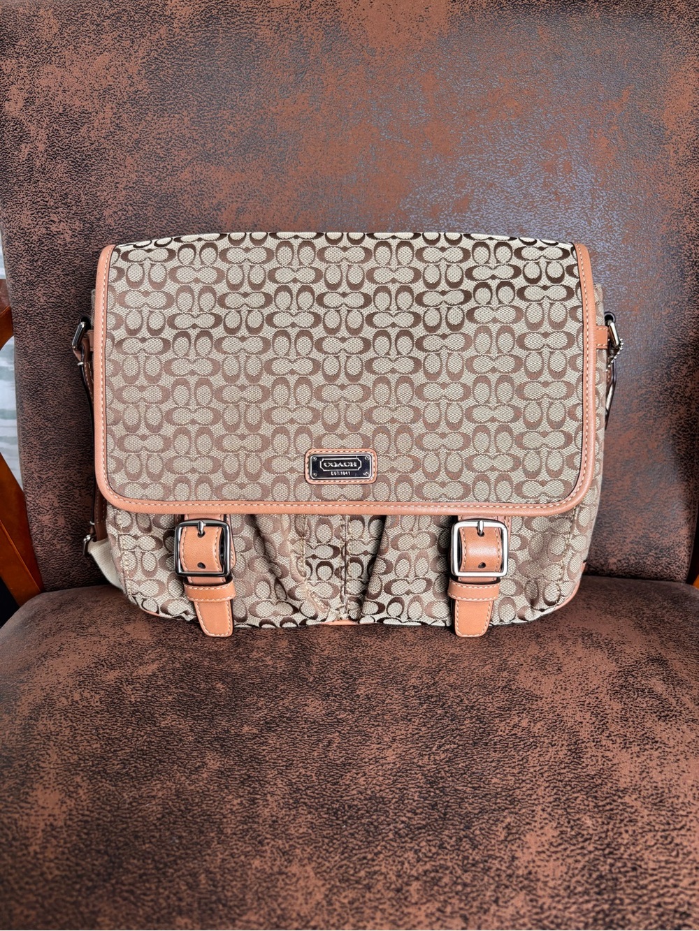 Coach Signature Canvas Crossbody Bag in Brown with Tan Trim